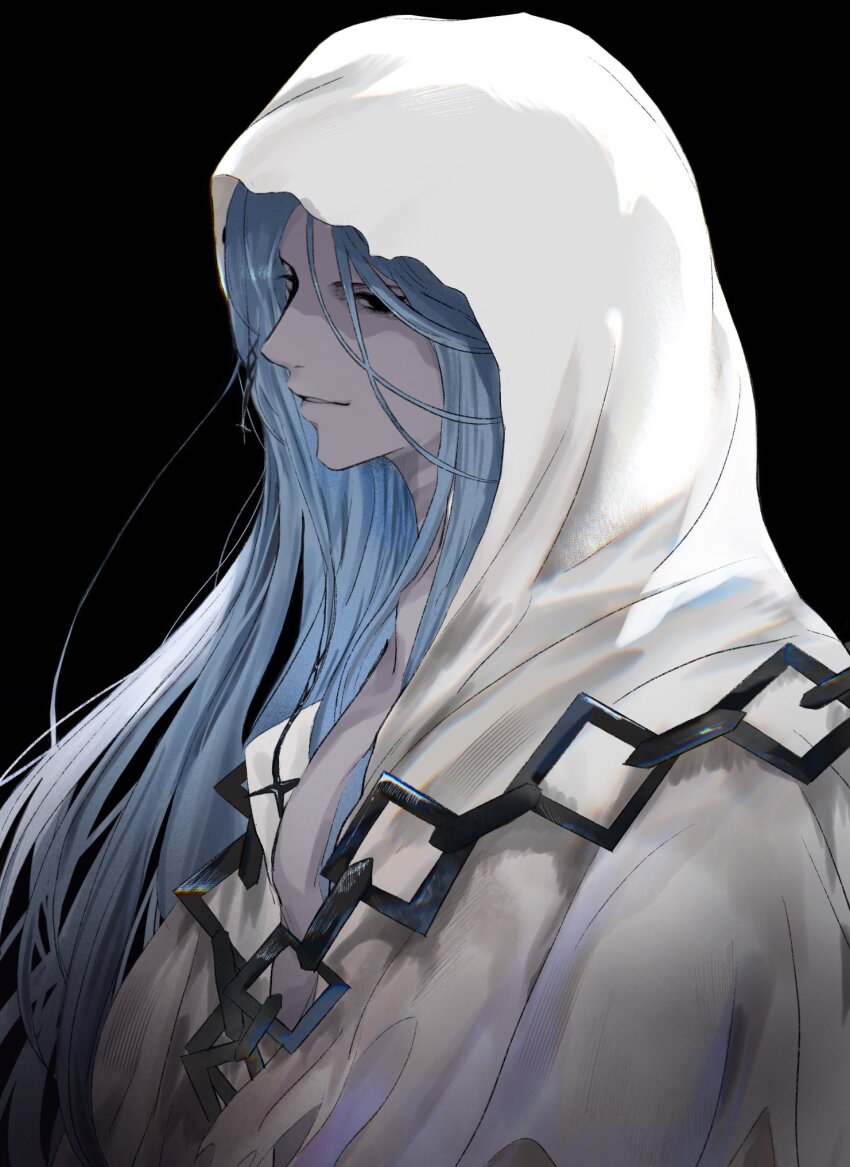 1boy, azrael_(grand_assassin)_(fate), black_background, black_eyes, blue_hair, colored_skin, dark-skinned_male, dark_skin