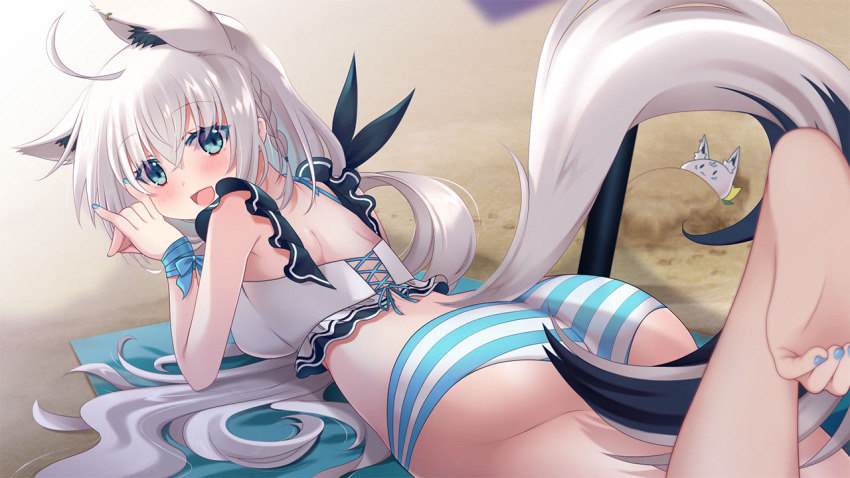 ahoge, alternate_costume, animal_ear_fluff, animal_ear_piercing, animal_ears, aqua_eyes, ass, barefoot, beach, beach_mat, bikini, blue_ribbon, braid, commentary_request, feet, feet_up, fox_ears, fox_girl, fox_tail, hair_between_eyes, hololive, long_hair, looking_at_viewer, lying, on_stomach, open_mouth, outdoors, ribbon, shirakami_fubuki, side_braid, single_braid, soles, striped_bikini, striped_clothes, sukonbu_(shirakami_fubuki), swimsuit, tail, the_pose, to-matoma, toes, virtual_youtuber, white_hair
