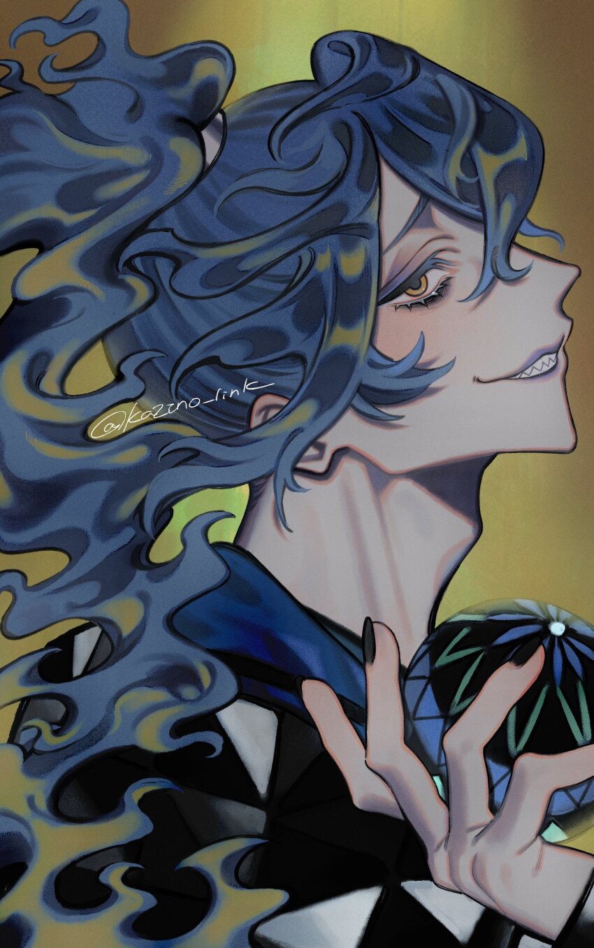 1boy, absurdres, adam's_apple, bags_under_eyes, ball, black_jacket, black_nails, blue_eyeshadow, blue_hair, blue_lips, colored_eyelashes, commentary, cutout_eyelashes, eyeshadow, fiery_hair, film_grain, from_side, gradient_background, grin, hair_between_eyes, hand_up, high_ponytail, highres, idia_shroud, idia_shroud_(new_year's_attire), jacket, jitome, kajino, light_blush, long_hair, looking_at_viewer, makeup, male_focus, pale_skin, ponytail, portrait, profile, raised_inner_eyebrows, sam's_new_year_sale, sharp_teeth, sideways_glance, sleeves_past_wrists, smile, solo, teeth, temari_ball, twisted_wonderland, twitter_username, wavy_hair, yellow_background, yellow_eyes
