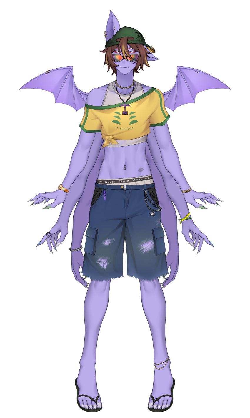 absurdres, animal_ears, anklet, baseball_cap, bat_boy, bat_ears, bead_anklet, beads