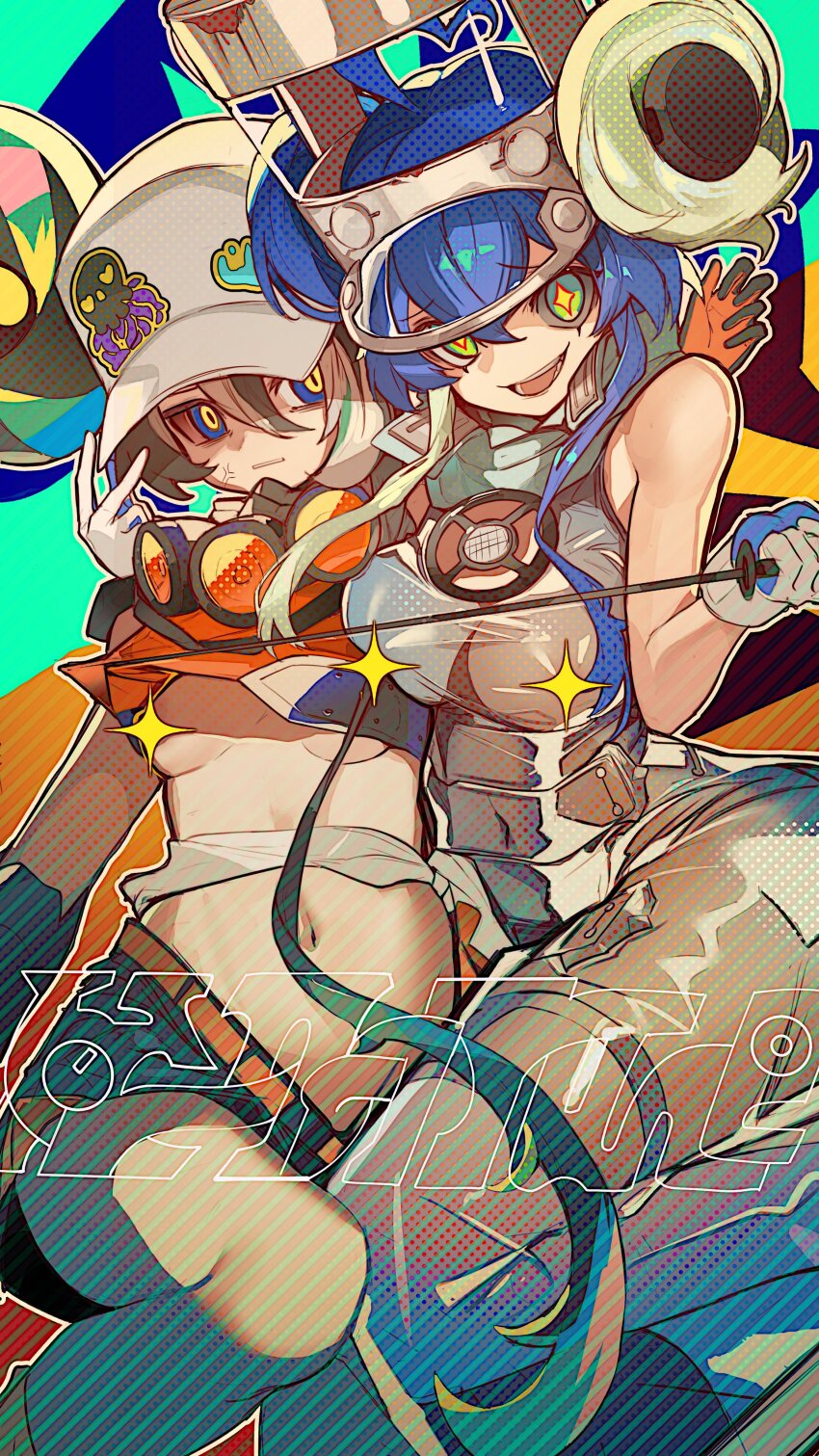 absurdres, ahoge, black_gloves, black_shorts, blue_eyes, blue_hair, breasts, censored, character_request, commentary_request, dress, duel_monster, gloves, green_eyes, hair_between_eyes, hat, heart, heart_ahoge, highres, holding, kewl_tune_cue, looking_at_viewer, medium_breasts, navel, open_mouth, orange_gloves, ro_g_(oowack), see-through_clothes, see-through_dress, short_shorts, shorts, sleeveless, sleeveless_dress, smile, sparkling_eyes, star_censor, stomach, thigh_strap, white_gloves, white_hair, white_hat, yu-gi-oh!