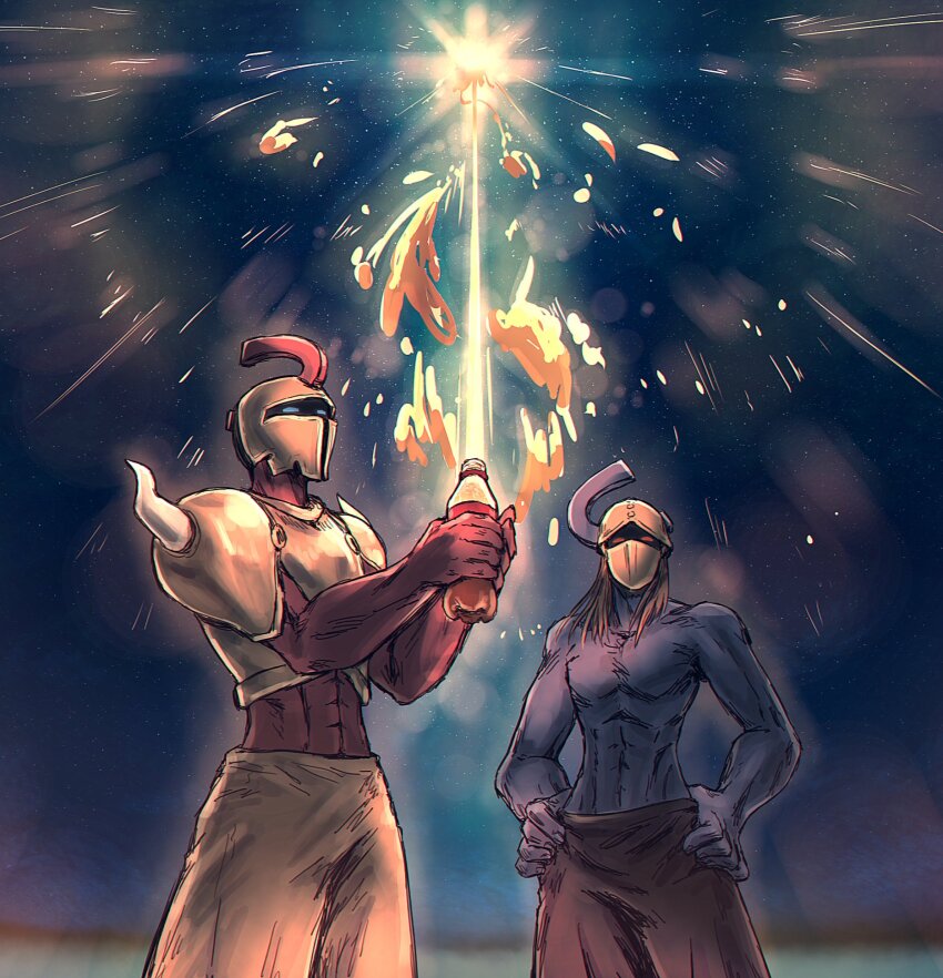2boys, armor, black_pants, blue_skin, bottle, breastplate, cola, colored_skin