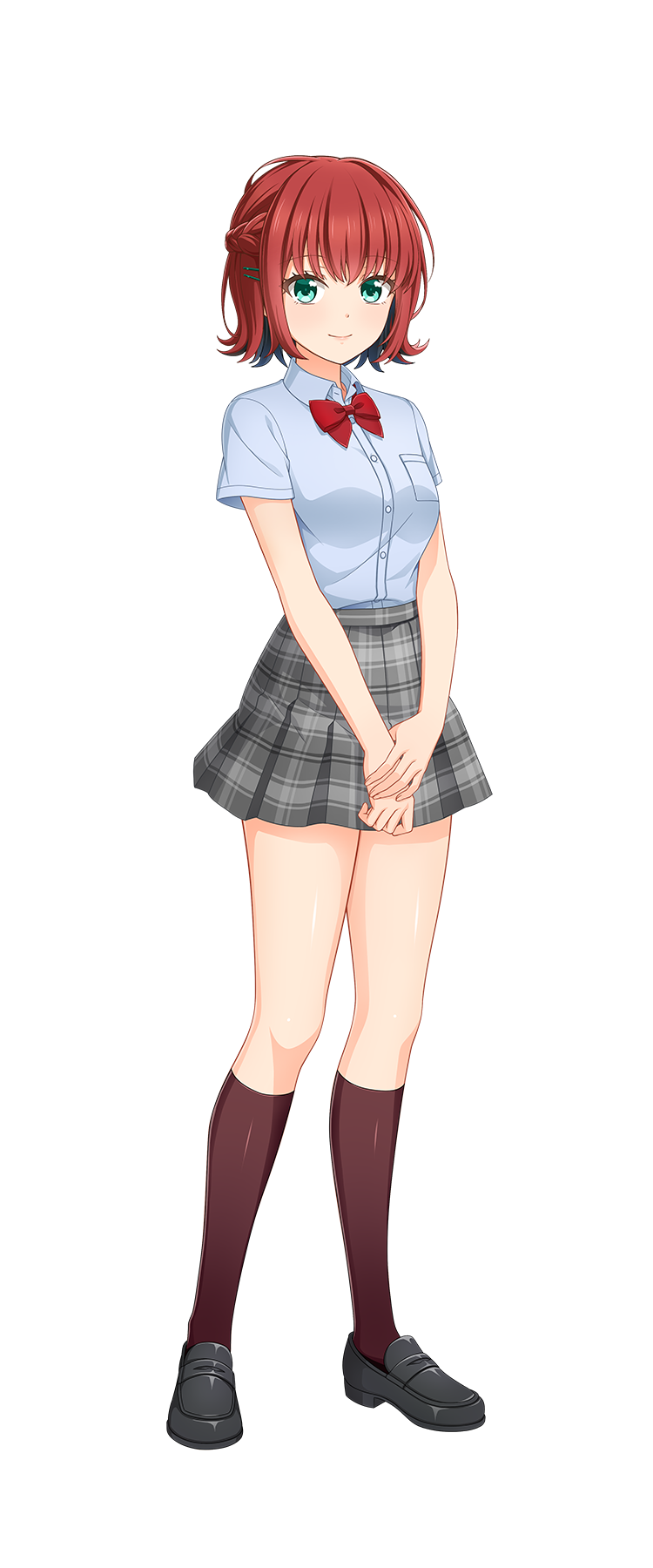 1girl, artist_request, black_shoes, blue_shirt, bow, bowtie, braid, brown_shoes