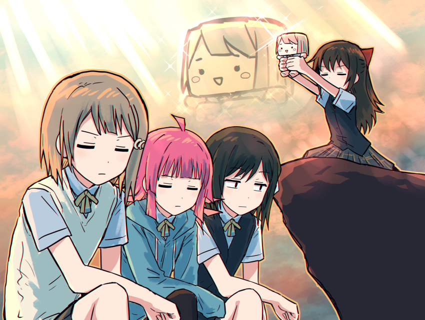 4girls, ahoge, black_pantyhose, black_skirt, black_vest, blue_shirt, bow, brown_hair