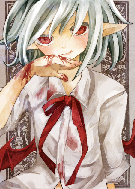 1boy, :q, bat_wings, bemani, blood, blood_on_clothes, bow, colored_eyelashes