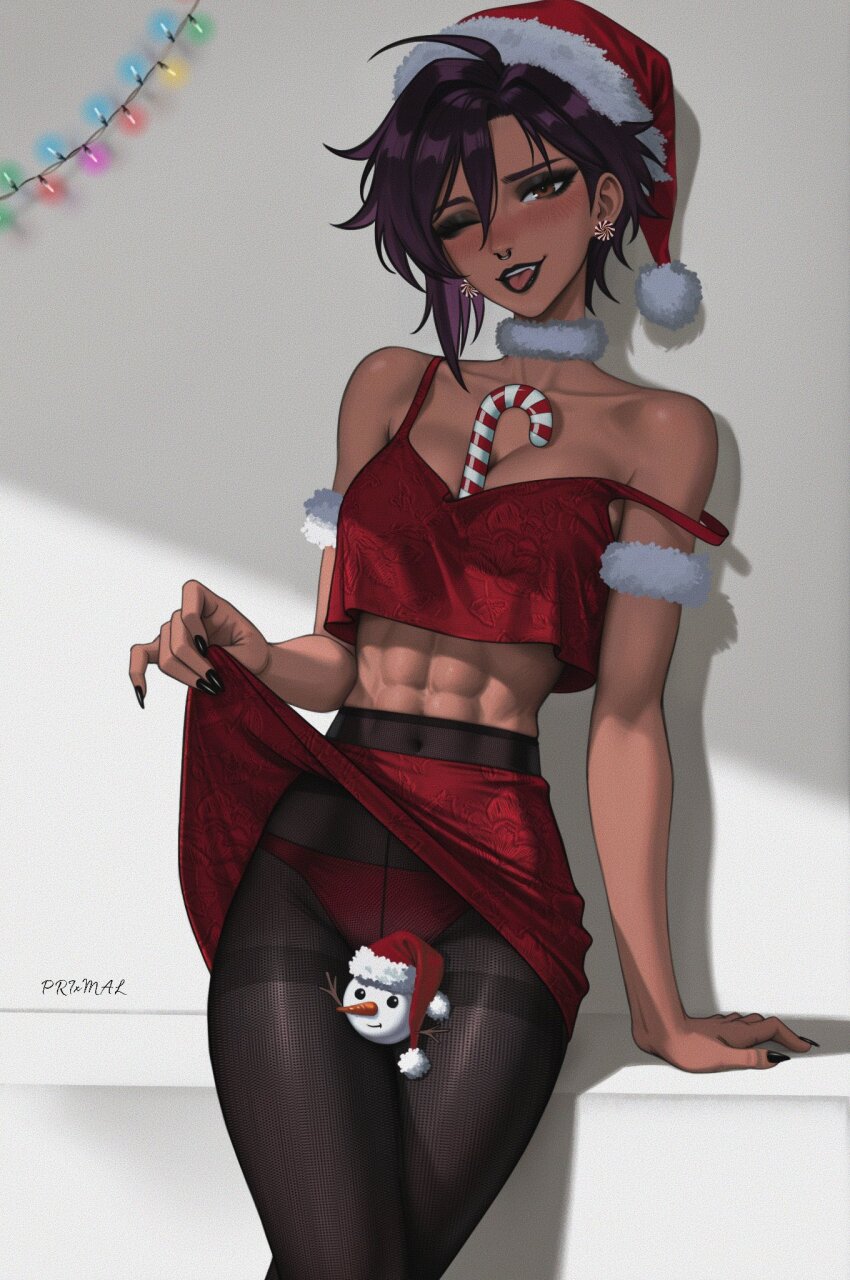 1girl, abs, ai-assisted, black_hair, black_lips, black_pantyhose, blush, candy