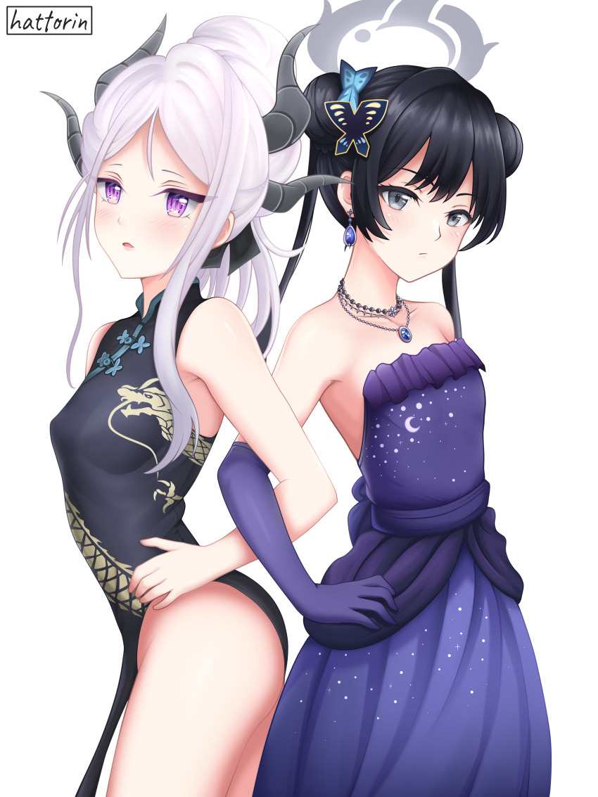 2girls, absurdres, ahoge, alternate_costume, black_hair, blue_archive, butterfly_hair_ornament, china_dress