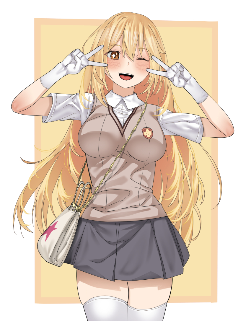 1girl, ;d, absurdres, alternate_gloves, bag, blonde_hair, blue_notuki, blush