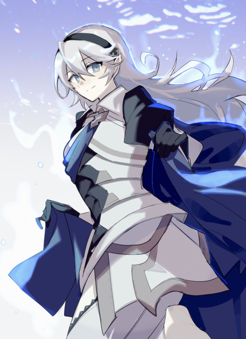 1girl, armor, black_gloves, black_hairband, blue_cape, blue_eyes, breastplate, cape