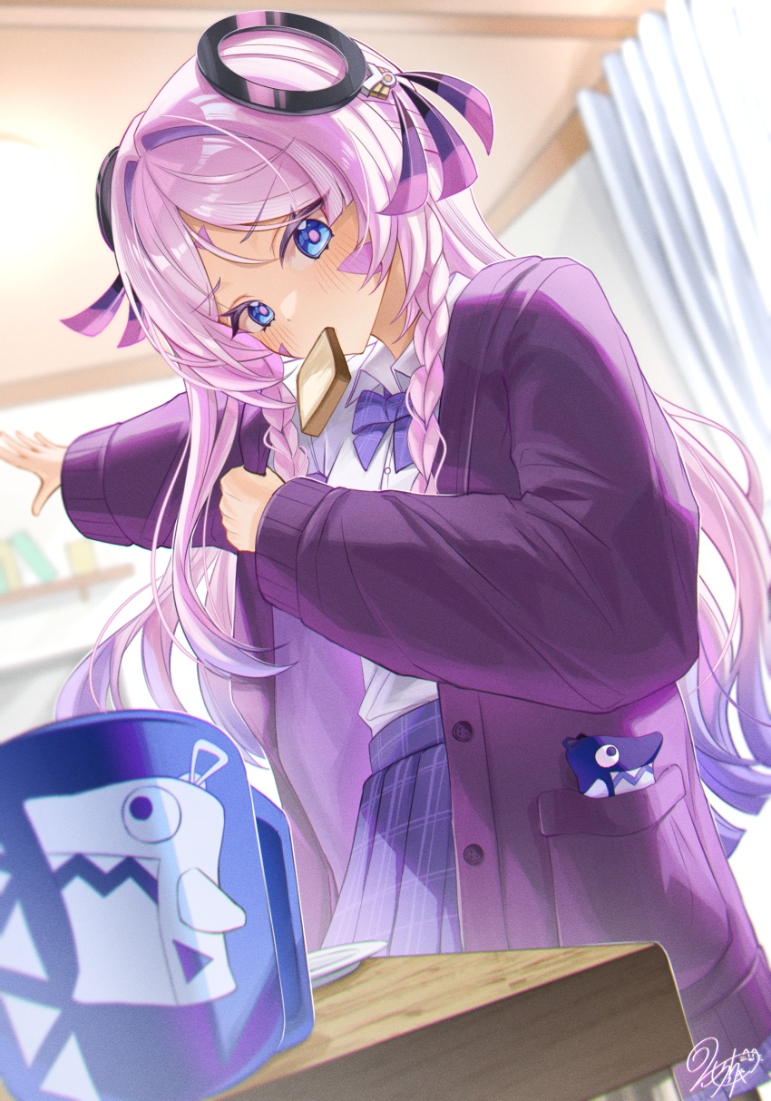 1girl, bag, blue_eyes, blush, bow, braid, bread, bread_slice