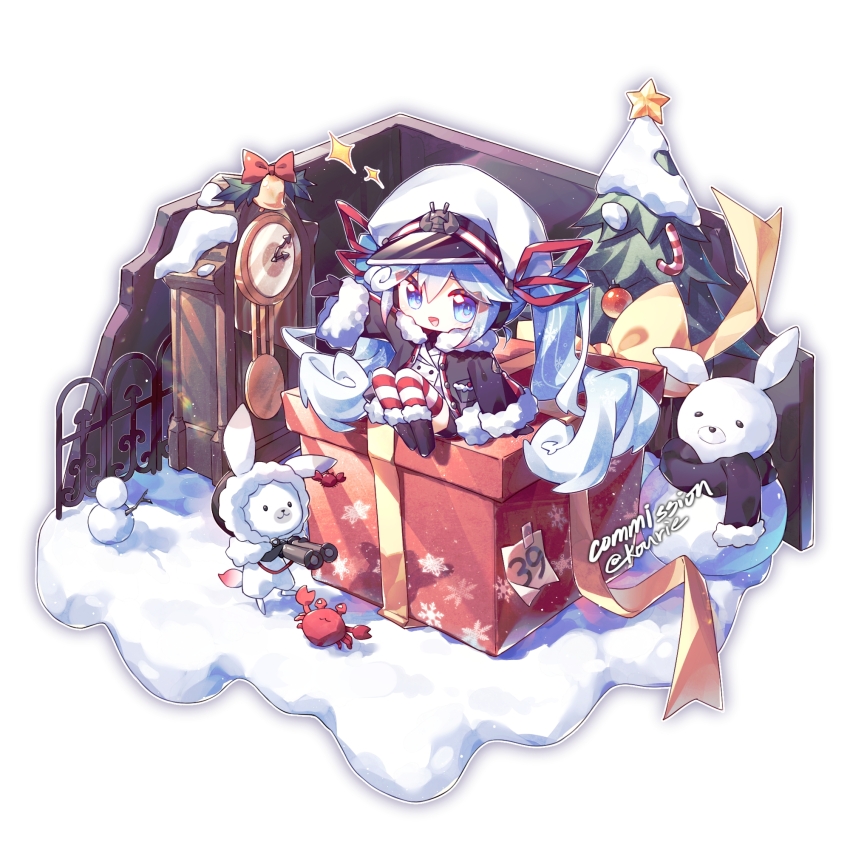 1girl, 1other, 39, animal, aqua_eyes, aqua_hair, binoculars, black_coat