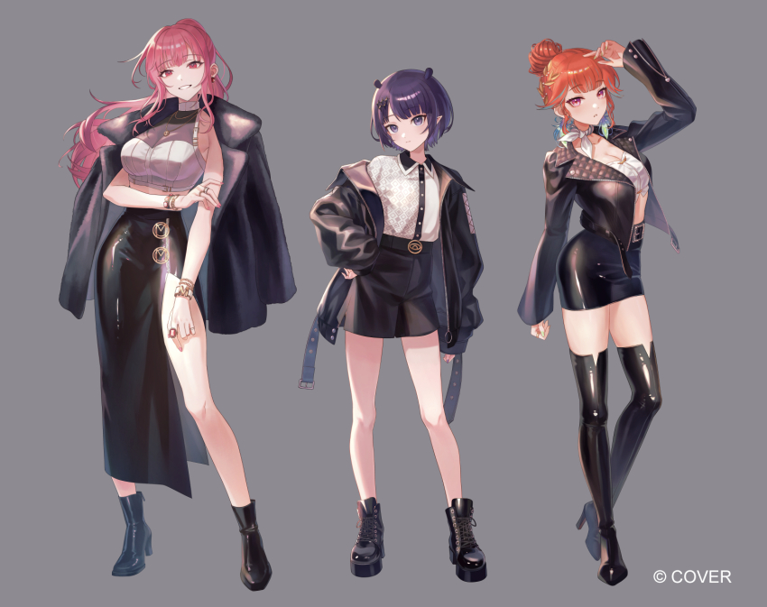 3girls, arm_up, bandeau, black_boots, black_jacket, black_skirt, blunt_bangs, bob_cut