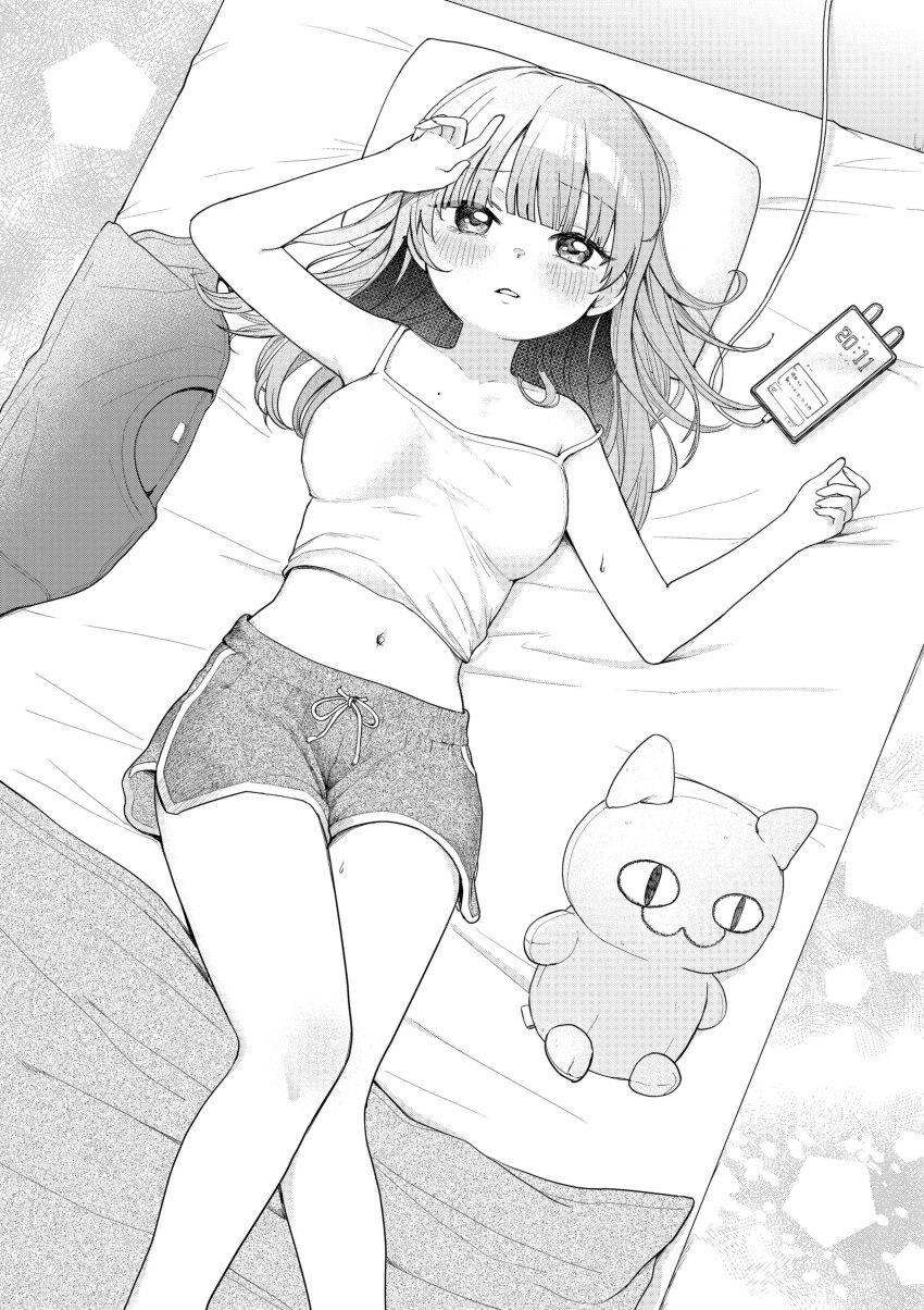 1girl, absurdres, blush, breasts, camisole, cellphone, chushui_(izumi617), commentary_request