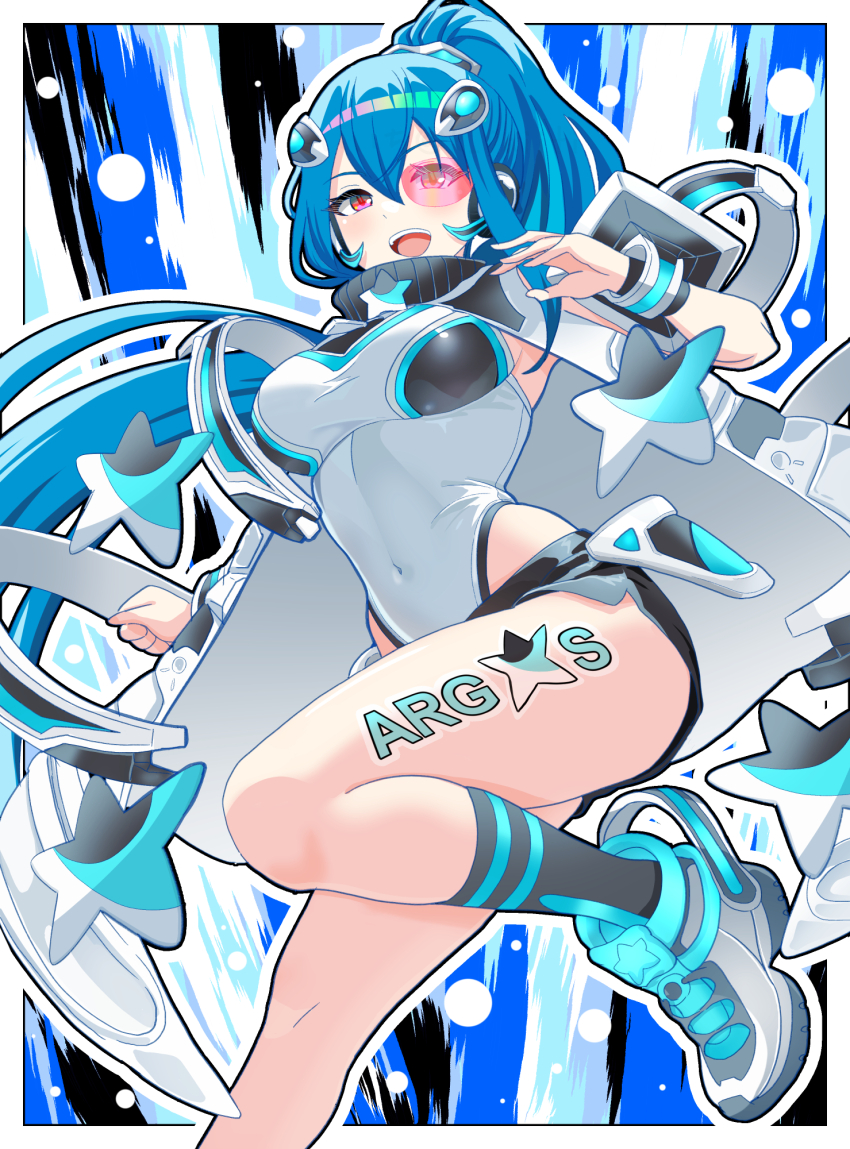 1girl, argostars_-_glorious_adra, blue_background, blue_hair, boots, border, breasts, cloak