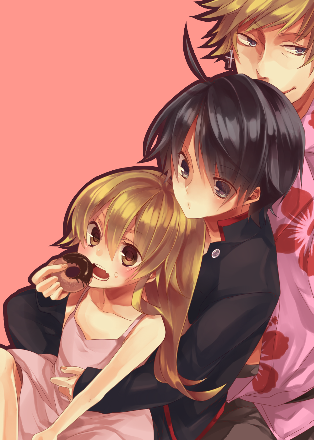 1boy, 2girls, araragi_koyomi, bad_id, bad_pixiv_id, bakemonogatari, black_eyes, black_hair, blonde_hair, brown_eyes, donut, food, highres, long_hair, makita_moyushi, monogatari_(series), multiple_girls, oshino_meme, oshino_shinobu
