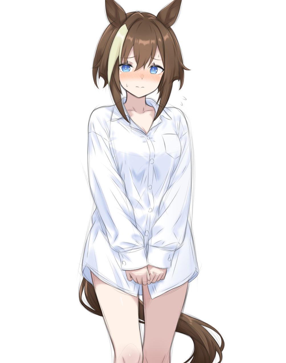 1girl, alternate_costume, animal_ears, blue_eyes, blush, borrowed_clothes, brown_hair, cheval_grand_(umamusume)