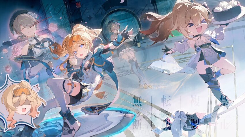 >_<, 3girls, ^^^, aged_down, beret, black_bra, black_dress, black_thighhighs