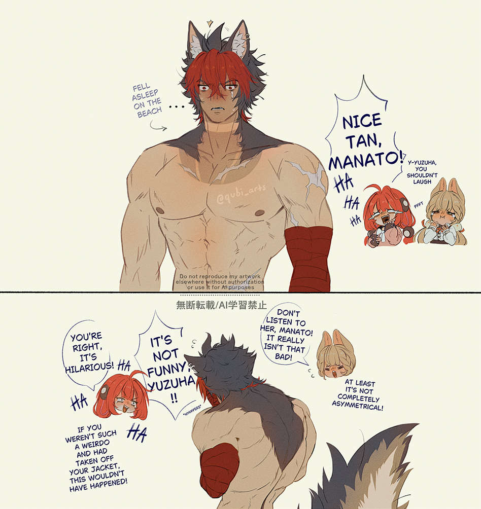 1boy, alice_thymefield, animal_ear_piercing, animal_ears, bandaged_arm, bandages, blonde_hair, commentary