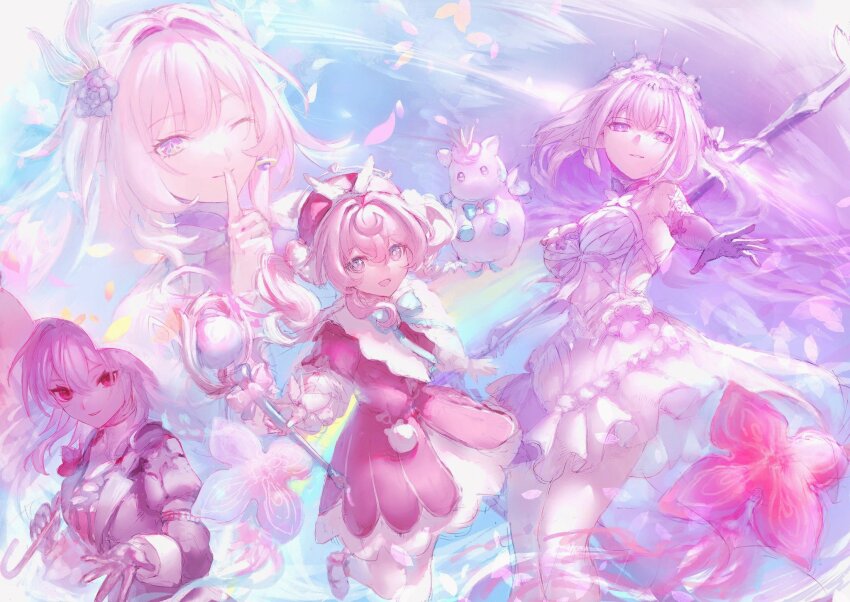 4girls, ;), aqua_eyes, bare_shoulders, black_dress, breasts, castorice_(honkai:_star_rail), commentary