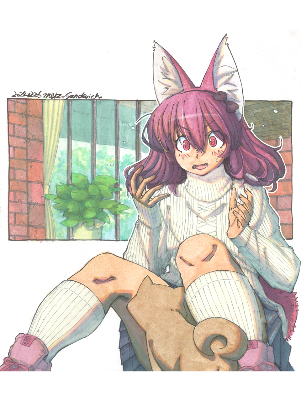 1girl, @_@, animal, animal_ear_fluff, animal_ears, blush, border, bow