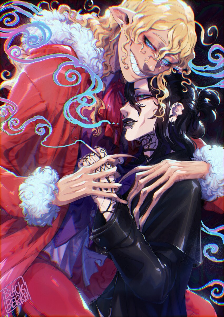 2boys, black_hair, blackberreh-art, cigarette, commentary, design_speculation, distortion_(tma), ear_piercing