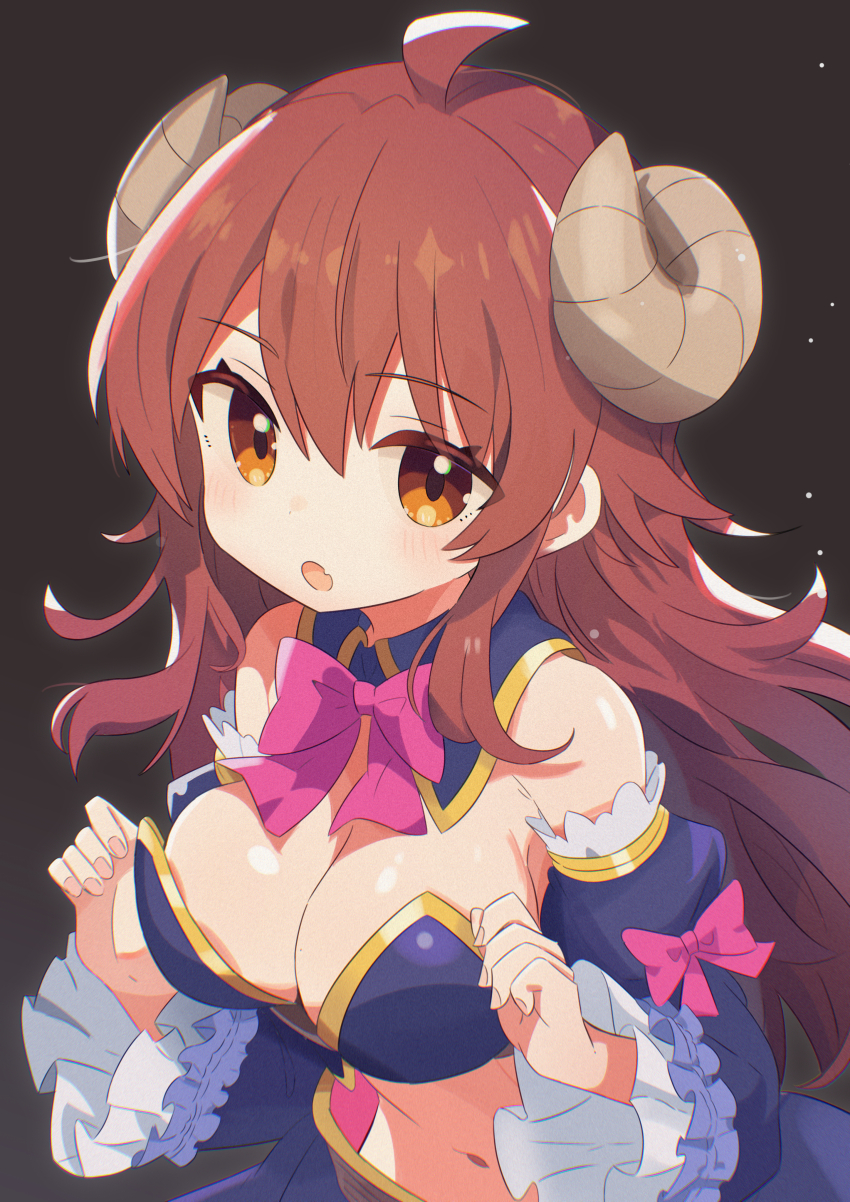 1girl, :o, absurdres, ahoge, armor, bikini_armor, black201_wav, black_background, blue_sleeves, blush, bow, bowtie, breasts, brown_hair, brown_horns, cleavage, commentary, crisis_management_form_(machikado_mazoku), curled_horns, demon_girl, demon_horns, detached_collar, detached_sleeves, fang, frilled_sleeves, frills, hair_between_eyes, highres, horns, juliet_sleeves, large_breasts, long_hair, long_sleeves, looking_at_viewer, machikado_mazoku, navel, open_mouth, orange_eyes, pink_bow, pink_bowtie, puffy_sleeves, skin_fang, sleeve_bow, solo, upper_body, yoshida_yuuko