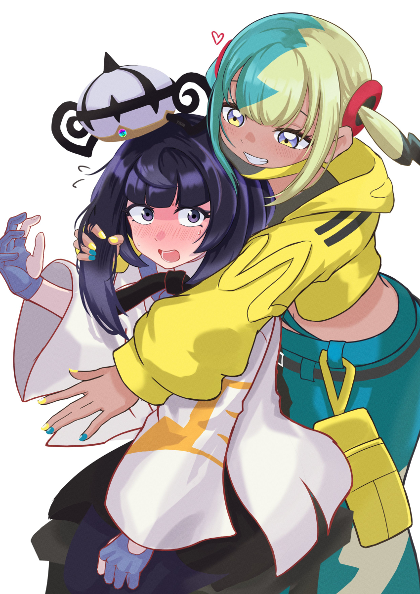 2girls, absurdres, belt, black_belt, black_dress, black_hair, blunt_bangs, blush