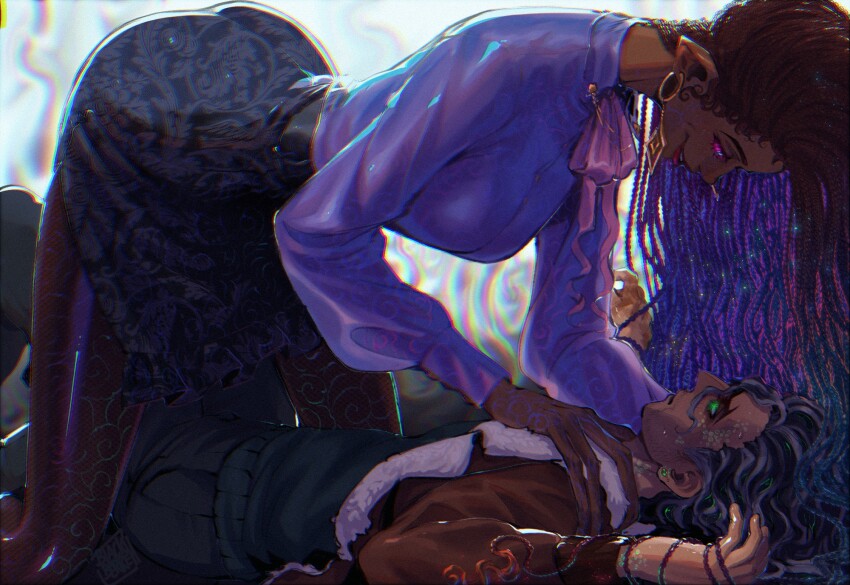 1boy, 1girl, ass, blackberreh-art, box_braids, breasts, dark_skin, design_speculation