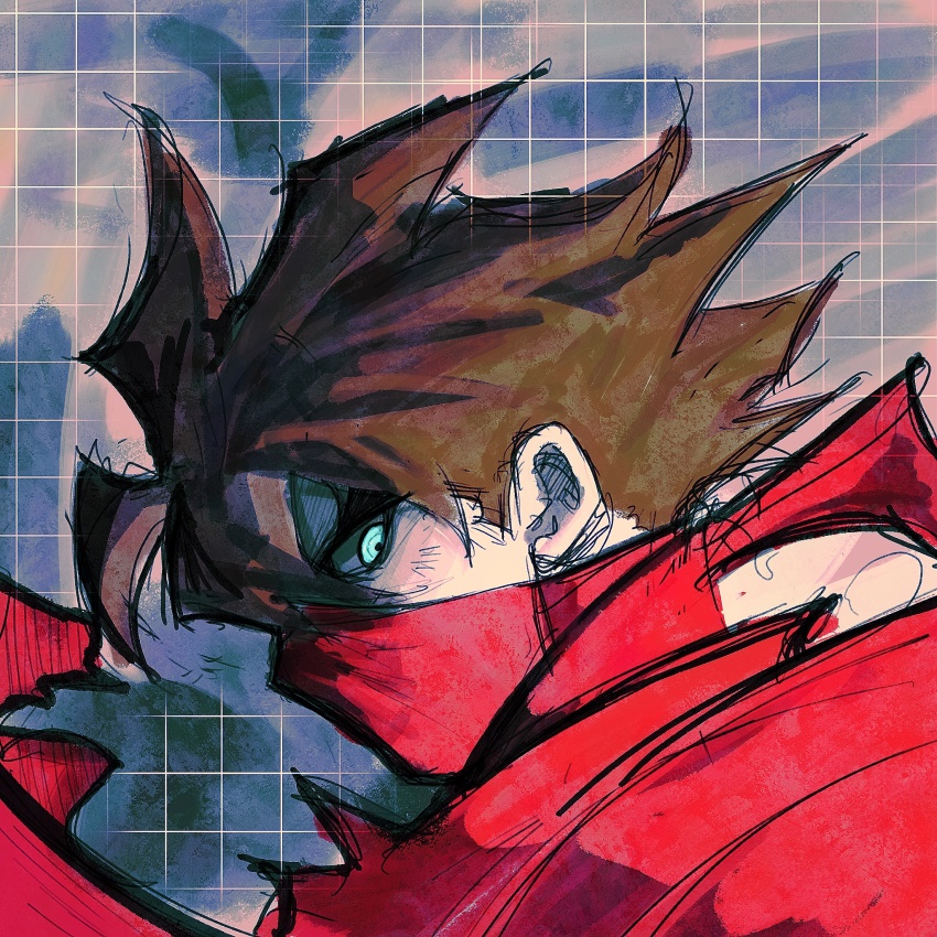 1boy, aqua_eyes, brown_hair, commentary, english_commentary, from_side, grid_background, groovy_(docilebread)