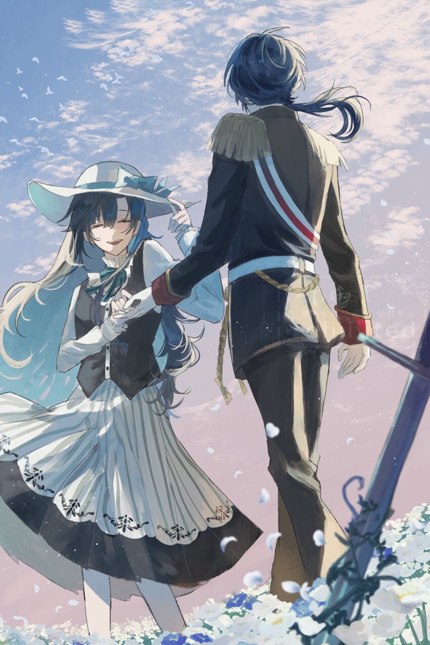 1boy, 1girl, ^_^, aiguillette, akuma_shitsuji_to_kuroi_neko, belt, bib_collar, bird