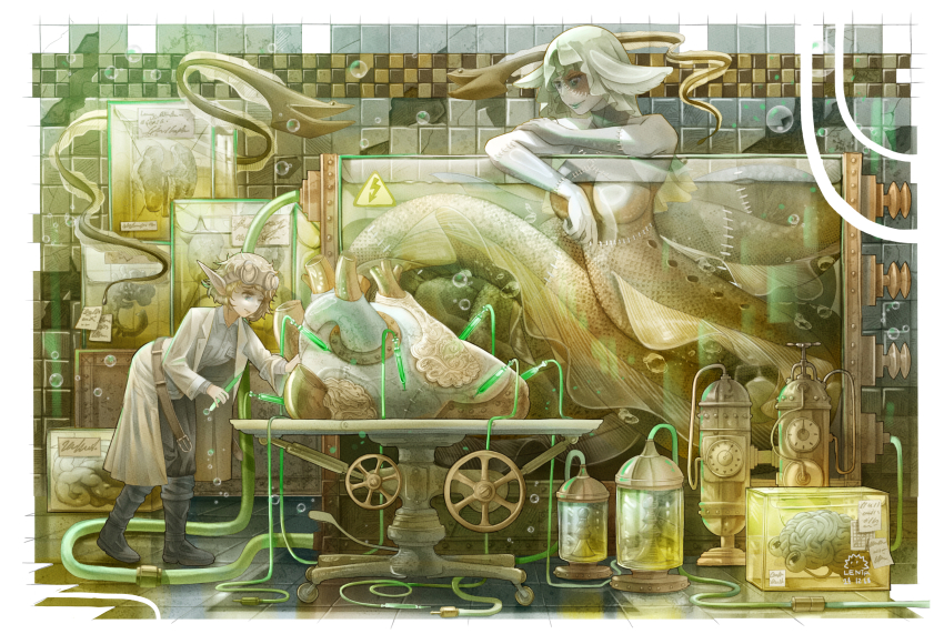 2girls, bent_over, black_boots, black_pants, boots, border, brain, breasts