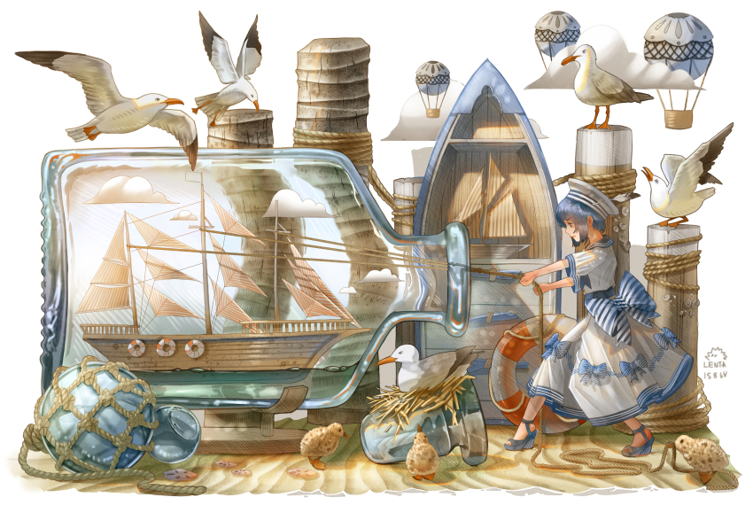 1girl, absurdres, aircraft, animal, artist_name, baby_animal, bird, black_sandals