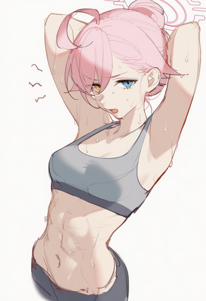 1girl, abs, annoyed, armpits, arms_behind_head, blue_archive, blue_eyes, bra