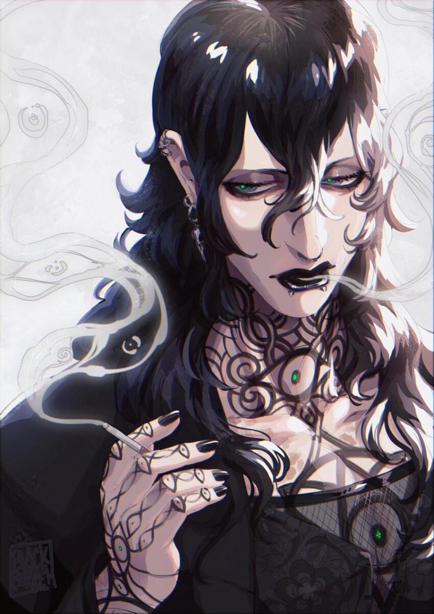 1boy, black_hair, blackberreh-art, cigarette, commentary, design_speculation, ear_piercing, earrings