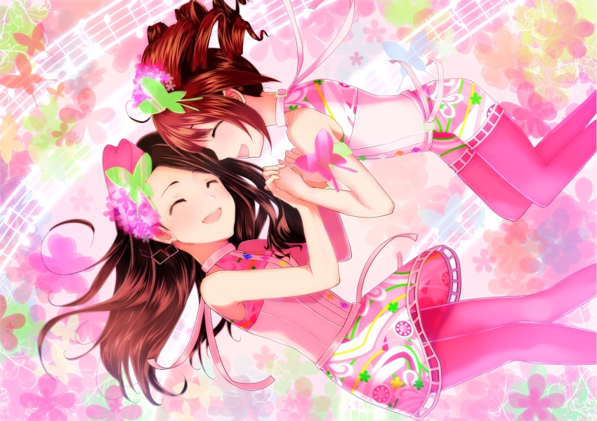 2girls, bad_id, bad_pixiv_id, dress, highres, idolmaster, idolmaster_(classic), minase_iori, multiple_girls, nanairo_button_(costume), pantyhose, paruru_(loooooper), pink_legwear, takatsuki_yayoi