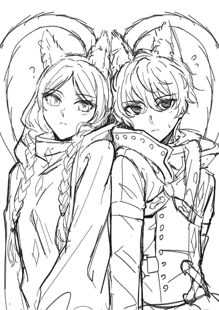 1boy, 1girl, ?, animal_ear_fluff, animal_ears, baixiang1234567, braid, cat_ears