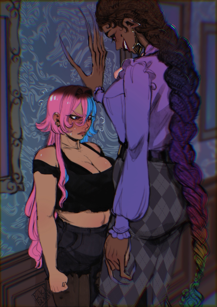 2girls, ass, blackberreh-art, blue_hair, box_braids, braid, braided_braids, breasts, commentary, dark-skinned_female, dark_skin, design_speculation, distortion_(tma), earrings, english_commentary, eyelashes, gradient_hair, grin, height_difference, helen_richardson, highres, jellyfish_cut, jewelry, large_breasts, light-skinned_palms, lips, long_fingers, long_hair, melanie_king, multicolored_hair, multiple_girls, pink_hair, plump, pointy_ears, rainbow_gradient, rainbow_hair, roots_(hair), sharp_teeth, smile, split-color_hair, teeth, the_magnus_archives, yuri