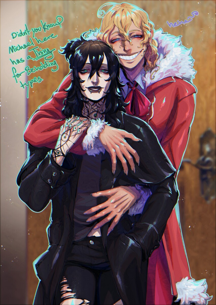 2boys, black_hair, blackberreh-art, blonde_hair, blonde_hair_roots, blue_eyes, commentary, curly_hair