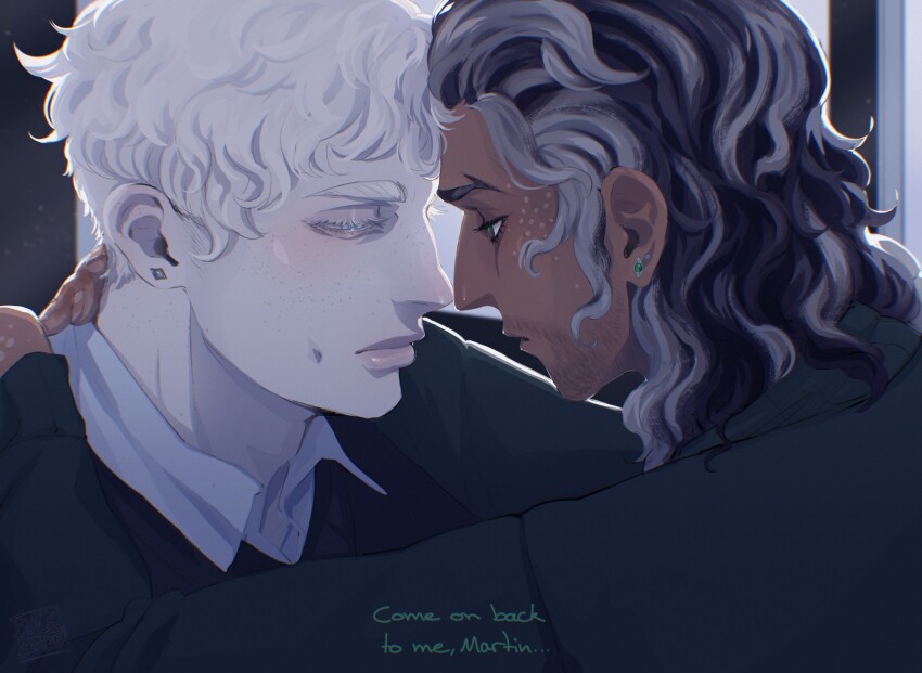 2boys, aquiline_nose, black_hair, blackberreh-art, dark-skinned_male, dark_skin, design_speculation, earrings