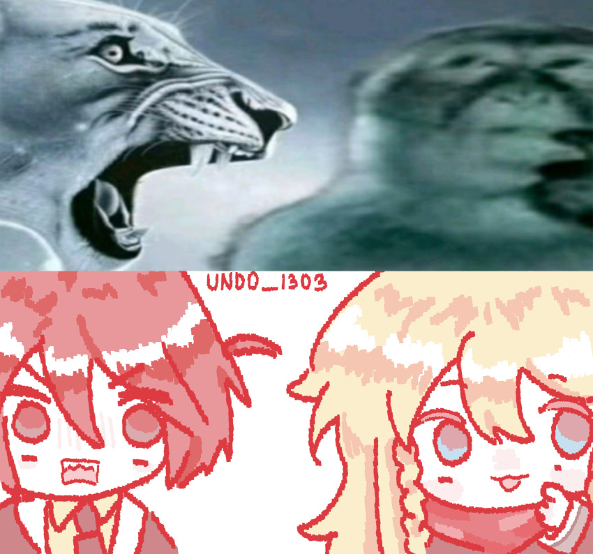 2boys, :3, angry, artist_name, blonde_hair, blue_eyes, chibi, chibi_only, epic_battle_fantasy, highres, lance_(epic_battle_fantasy), long_hair, male_focus, matt_(epic_battle_fantasy), meme, meme_inset, monkey_thinking_(meme), multiple_boys, neckerchief, missing_headwear, rectangular_mouth, red_eyes, red_hair, red_neckerchief, reference_inset, shirt, simple_background, smile, undo_1303, upper_body, white_background