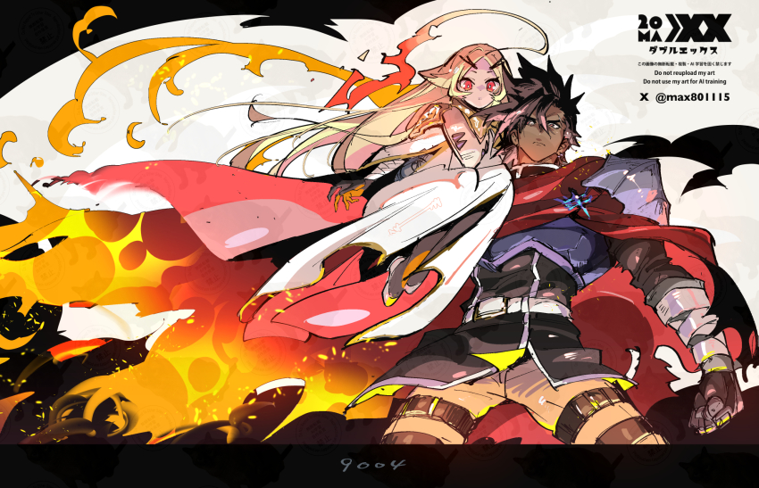 1boy, 1girl, ahoge, armor, belt, black_gloves, black_hair, black_jacket