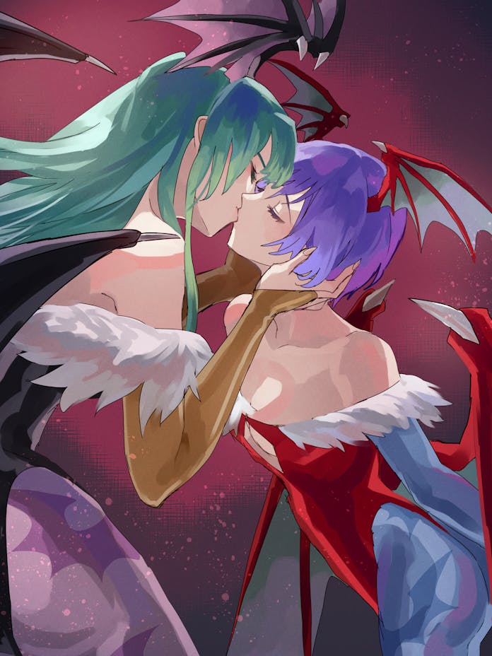 2girls, bat_cutout, bat_wings, black_leotard, blue_gloves, breasts, cleavage, closed_eyes, commentary, darkstalkers, demon_girl, english_commentary, fingerless_gloves, fingernails, fusenryo, gloves, green_hair, hands_on_another's_face, kiss, leotard, lilith_(darkstalkers), long_fingernails, long_hair, morrigan_aensland, multiple_girls, orange_gloves, pantyhose, purple_hair, red_leotard, selfcest, short_hair, wings, yuri