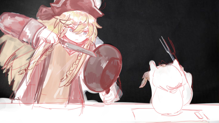 1boy, :<, absurdres, bandeusi!_madinneun_yorireul_haenaegetsseumnida_(meme), blonde_hair, blue_eyes, braid, brown_shirt