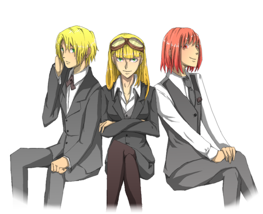 1girl, 2boys, bad_id, bad_pixiv_id, blonde_hair, bow, bowtie, fiamma_of_the_right