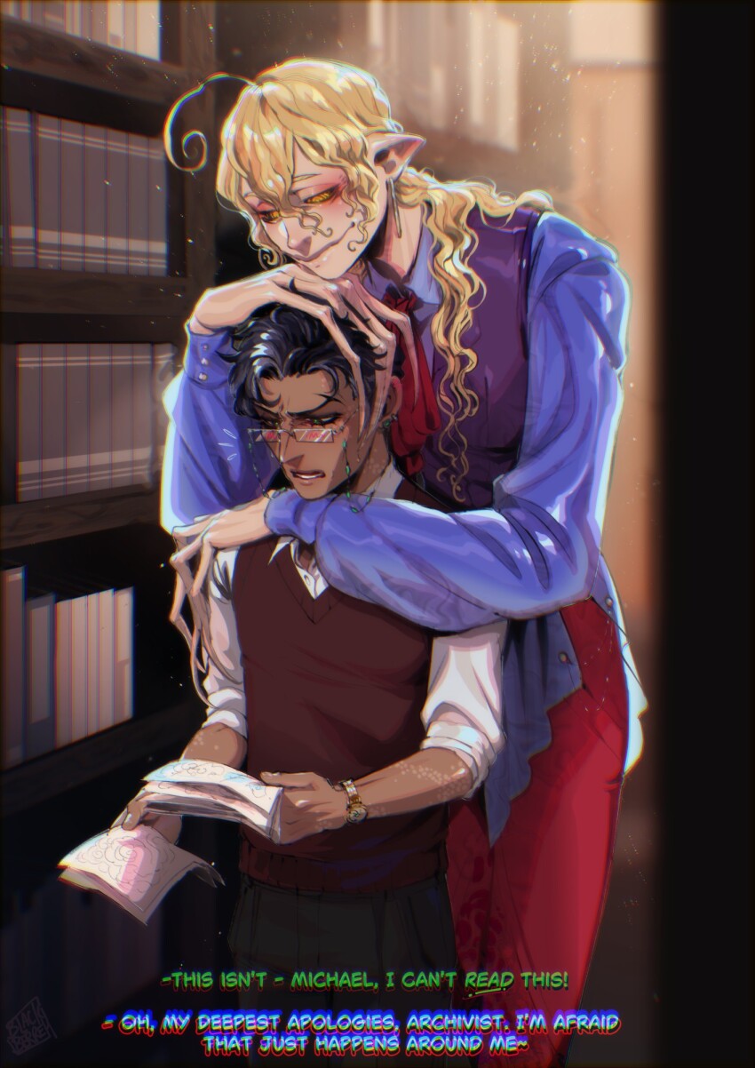 2boys, ahoge, blackberreh-art, blonde_hair, crow's_feet, curly_hair, design_speculation, distortion_(tma)