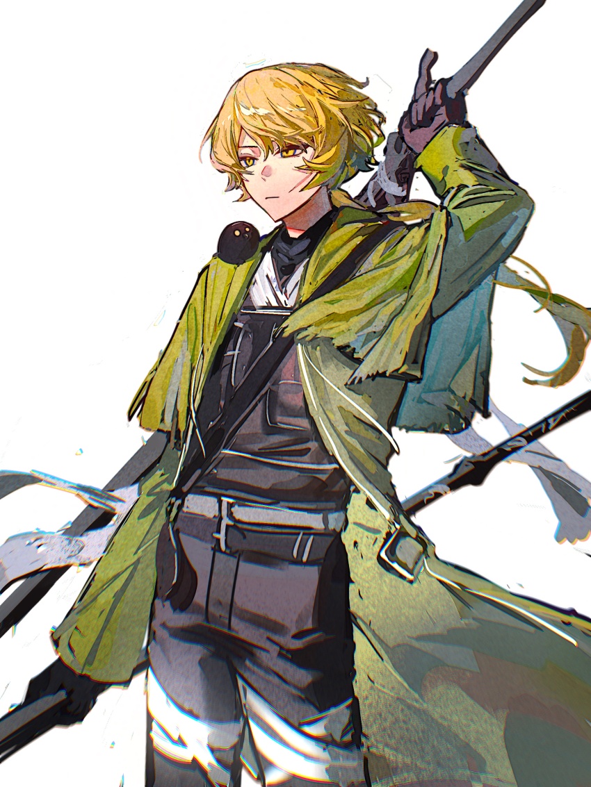 1boy, a_certain_sinclair_(project_moon), absurdres, animal, animal_on_shoulder, bandaged_leg, bandages, bandages_over_clothes, belt, bird, bird_on_shoulder, black_belt, blonde_hair, chromatic_aberration, closed_mouth, coat, gloves, green_coat, hashtag-only_commentary, highres, limbus_company, low_ponytail, male_focus, official_alternate_hair_length, official_alternate_hairstyle, painterly, ponytail, project_moon, scar, scar_on_face, serious, simple_background, sinclair_(project_moon), solo, sontakumuyo, spoilers, sword, weapon, weapon_on_back, white_background, wind, yellow_eyes