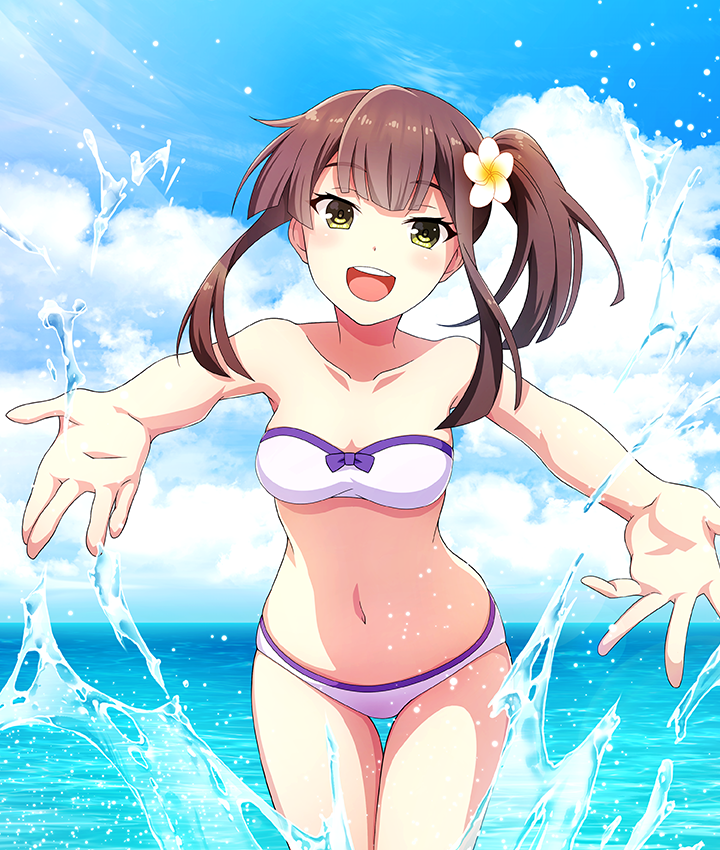 1girl, :d, bandeau, bare_shoulders, bikini, blue_sky, blunt_ends, bow