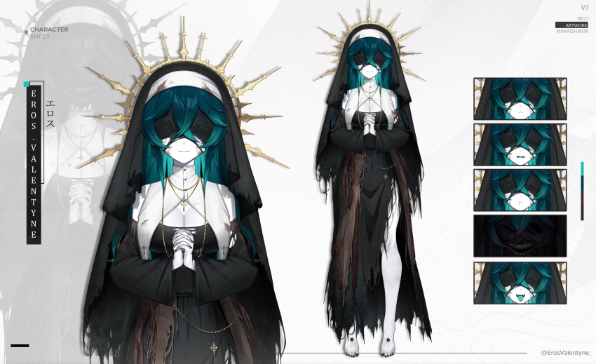 1girl, absurdres, aqua_hair, aqua_tongue, barefoot, black_nails, blindfold, breasts