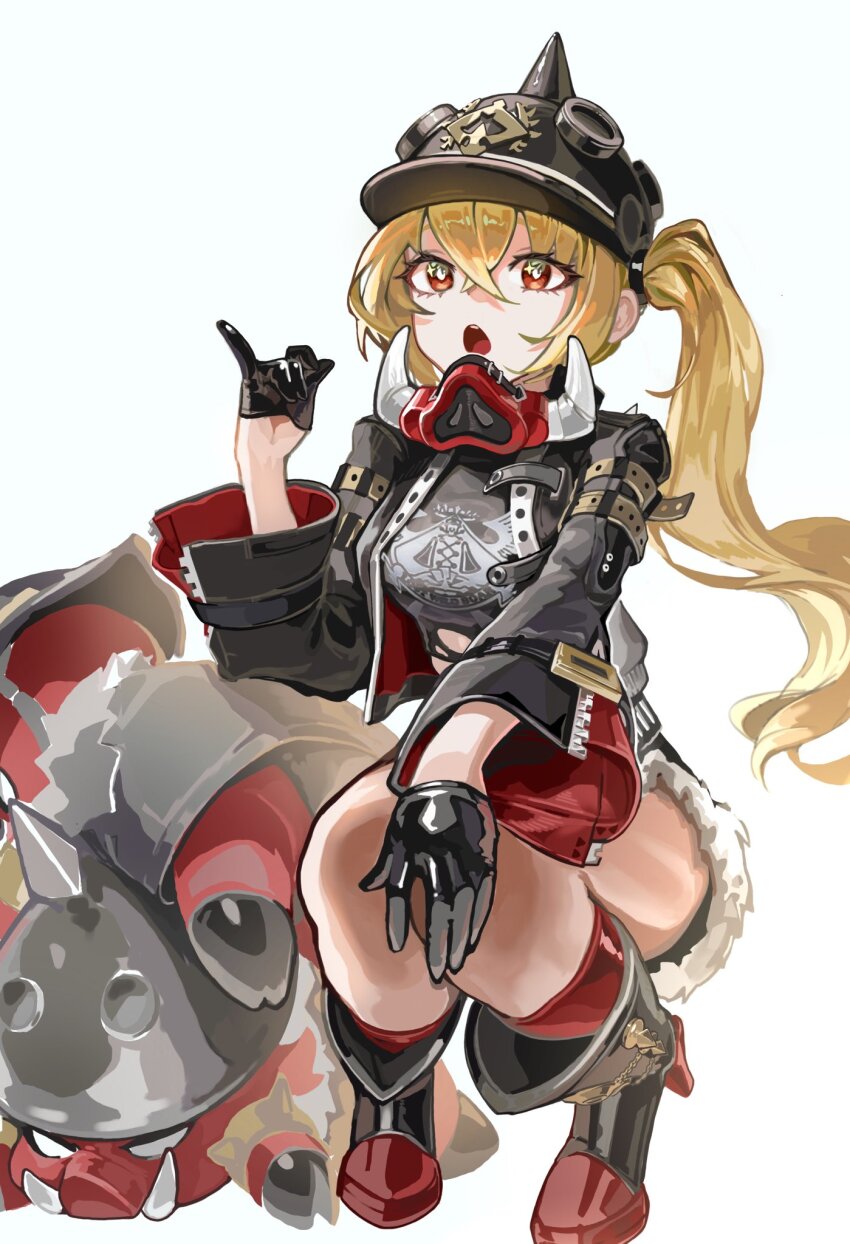 1girl, black_gloves, blonde_hair, boots, breasts, commentary_request, gloves, hair_between_eyes