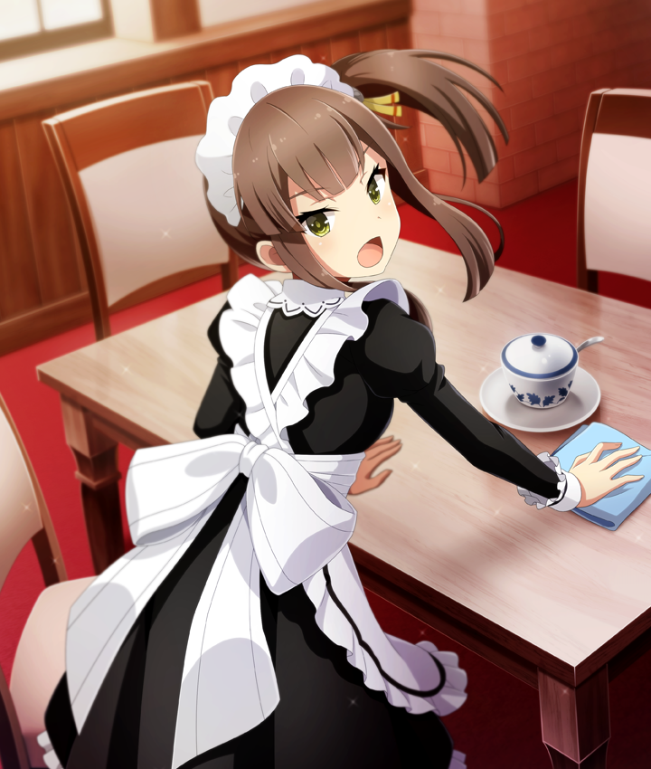 1girl, :o, alternate_costume, apron, black_dress, blunt_ends, breasts, brown_hair
